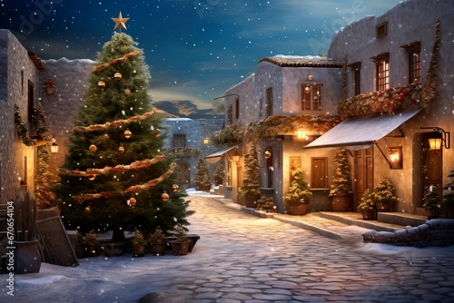 traditional christmas village in the snow. with huge decorated christmas tree Winter village landscape. Celebrate the Christmas and New Year holidays Christmas card. Christmas concept