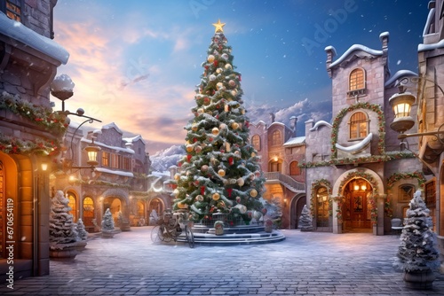 traditional christmas village in the snow. with huge decorated christmas tree Winter village landscape. Celebrate the Christmas and New Year holidays Christmas card. Christmas concept © XC Stock