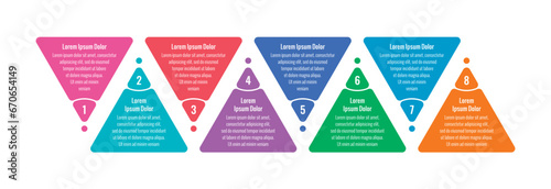 eight steps infographic template. colored triangles informational template. infographic template for internet, business, web, magazine, annual report