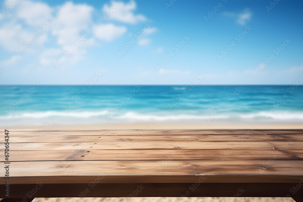 Empty wooden table light brown wood texture Blurred background, sea view and beach Empty wooden table light brown wood texture Blurred background, sea view and beach