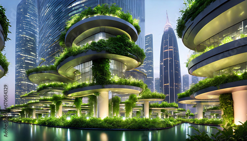 vibrant future cityscape  adorned with lush greenery  symbolizes eco-conscious optimism and sustainable urban development