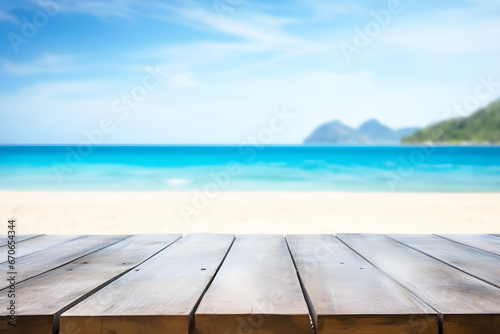 Empty wooden table light brown wood texture Blurred background, sea view and beach