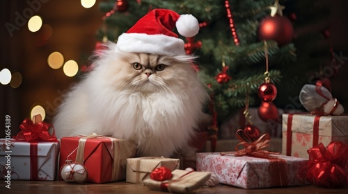 Persian cat in a Santa Claus hat. Presents and blurred lights of Christmas tree background. Merry Christmas. Persian cat. Horizontal banking background for web. Photo AI Generated © Anastasia