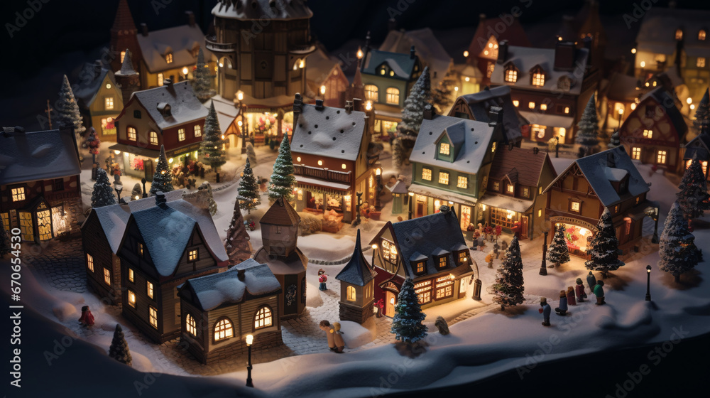 Realistic cozy small Christmas town by night isometric or birds eye view  - obrazy, fototapety, plakaty 