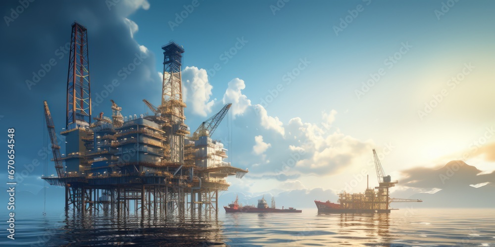 Offshore drilling for gas and petroleum. Oil platform oil rig or offshore platform. - obrazy, fototapety, plakaty 