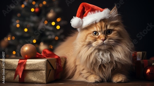 Shauzi cat in a Santa Claus hat. Presents and blurred lights with Christmas tree background. Merry Christmas. Shauzi cat. Horizontal banking poster background for advertisement. Photo AI Generated © Anastasia