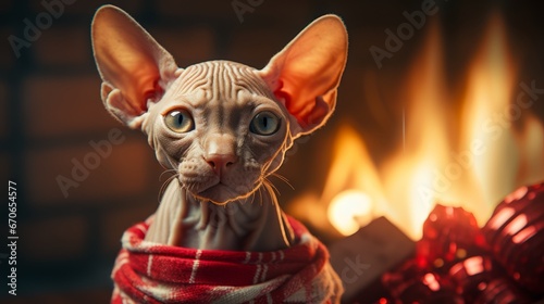 Sphinx cat in a Santa Claus hat. Presents, blurred lights of Christmas tree background. Merry Christmas. Sphinx cat. Horizontal banking background for web. Photo AI Generated © Anastasia