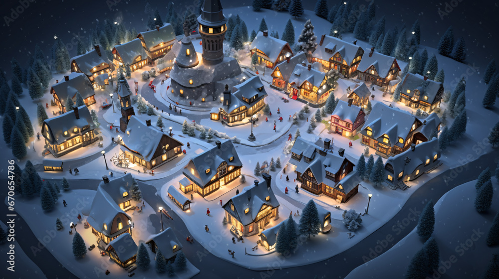 Obraz premium Realistic cozy small Christmas town by night isometric or birds eye view 