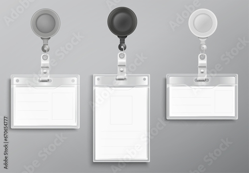 Set of realistic blank office ID cards with round clasp reel holder clip. Vector illustration