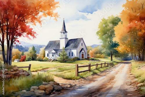 Wooden old church in a beautiful autumn rural landscape, watercolor illustration generated by AI photo