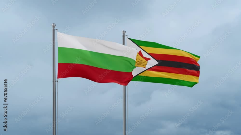 Zimbabwe and Bulgaria flag waving together on cloudy sky, endless seamless loop, two country cooperation concept Zimbabwe and Bulgaria flag waving together on cloudy sky, endless seamless loop, two country cooperation concept