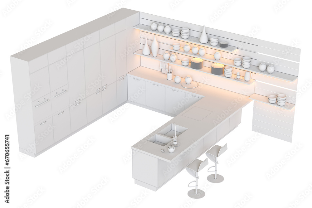 modern kitchen isolated on transparent background, home furniture, 3D illustration, cg render