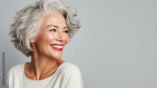 a mature lady with nice and soft skin smiling with healthy and white teeth photo