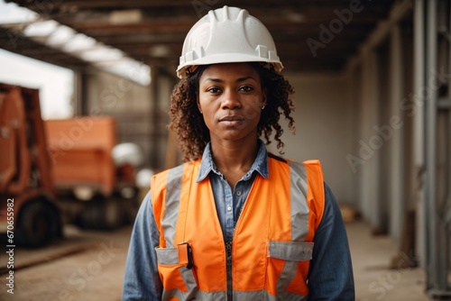 A portrait of a proud, strong, and skilled female African American construction worker wearing a hard hat. Generative Ai.