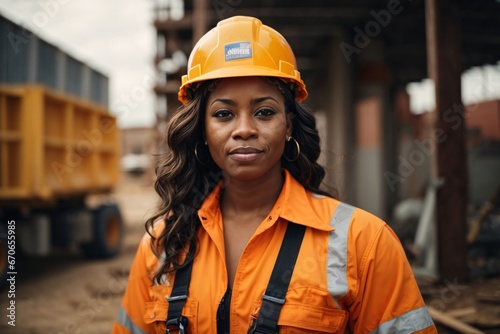 A portrait of a proud, strong, and skilled female African American construction worker wearing a hard hat. Generative Ai.