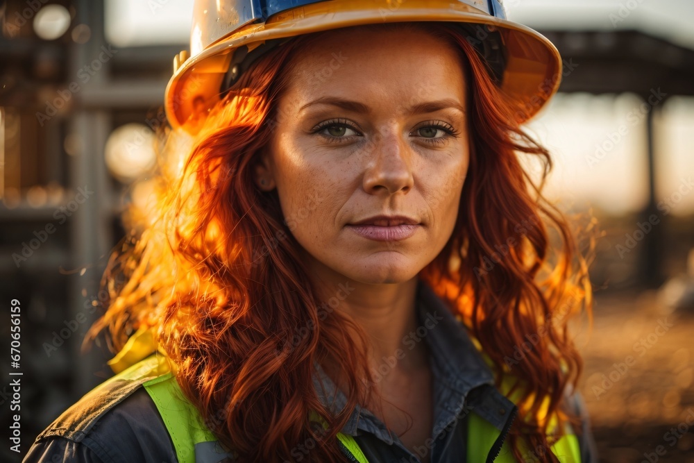 A portrait of a proud, strong, and skilled redhead female smirking construction worker wearing a hard hat during autumn sunset with sun flares in the background. Generative Ai. A portrait of a proud, strong, and skilled redhead female smirking construction worker wearing a hard hat during autumn sunset with sun flares in the background. Generative Ai.