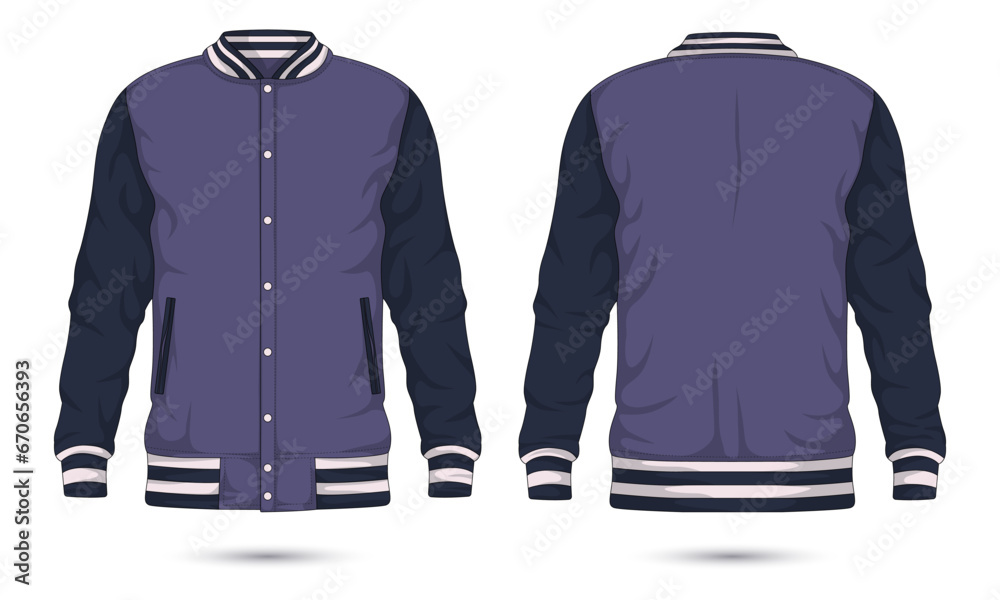 Two tone varsity jacket mockup front and back view. Vector illustration ...
