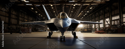 Fighter Jet parked inside a military hangar. photo