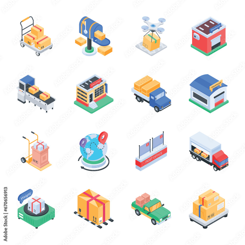Set of Courier Services Isometric Icon Set of Courier Services Isometric Icon
