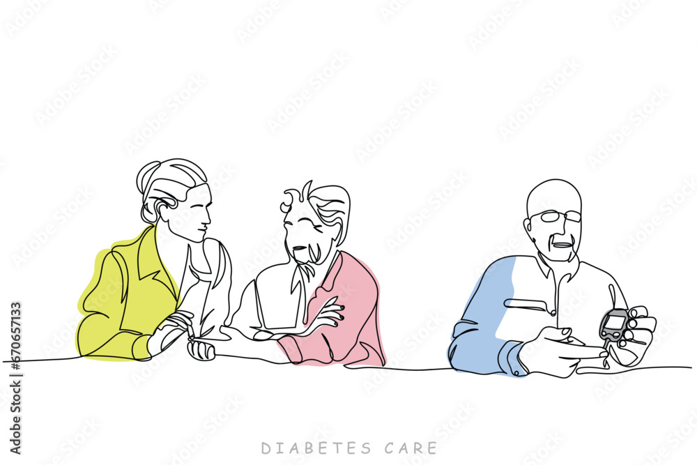 World diabetes day in November. line art of persons using glucometer and keeping blood sugar levels in check. Needle used to take a drop of blood for diabetes testing. Medical concept.Glucometer use World diabetes day in November. line art of persons using glucometer and keeping blood sugar levels in check. Needle used to take a drop of blood for diabetes testing. Medical concept.Glucometer use