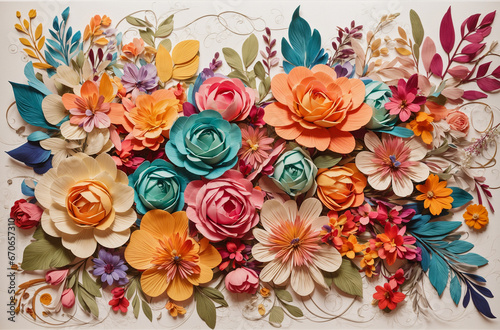Multicolored flowers background, boho style. Red, pink, purple, brown, yellow and peach handmade paper roses. Generative AI