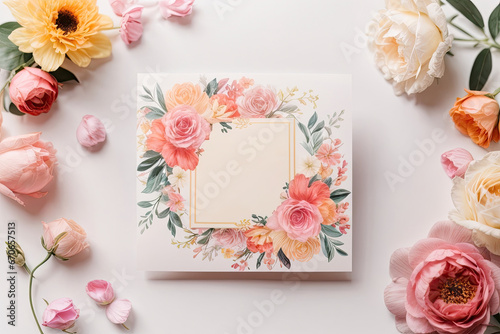 Delicate Pastel Floral Wedding or birthday Invitation Card with copy space. Generative AI
