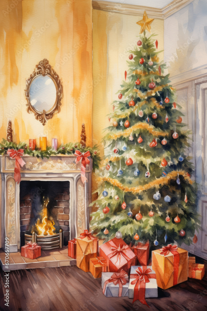 Watercolour Christmas gifts by the Christmas tree near the fireplace in the living room of the house Watercolour Christmas gifts by the Christmas tree near the fireplace in the living room of the house