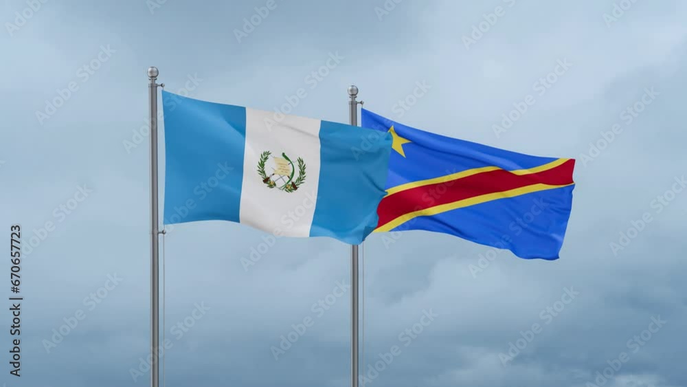 Democratic Republic of the Congo flag and Guatemala flag waving together on cloudy sky, endless seamless loop, two country relations concept Democratic Republic of the Congo flag and Guatemala flag waving together on cloudy sky, endless seamless loop, two country relations concept