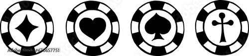Chips with suits: diamonds, hearts, spades, clubs. Black and white elements. Vector element.