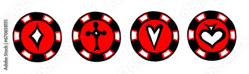 Chips with suits: diamonds , hearts , spades , clubs.