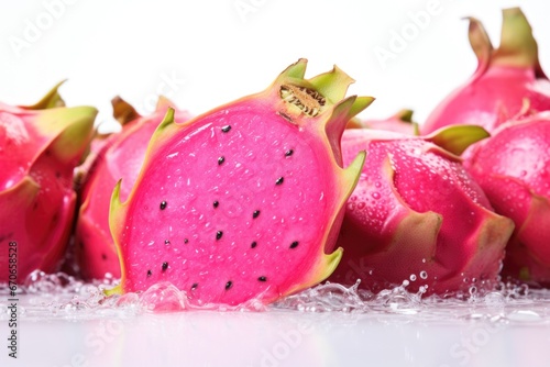 A close up of a dragon fruit cut in half.