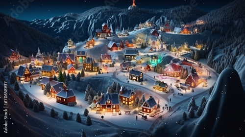 Realistic cozy small Christmas town by night isometric or birds eye view  © boti1985