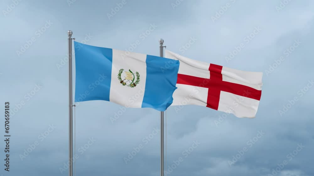 England flag and Guatemala flag waving together on cloudy sky, endless seamless loop, two country relations concept England flag and Guatemala flag waving together on cloudy sky, endless seamless loop, two country relations concept