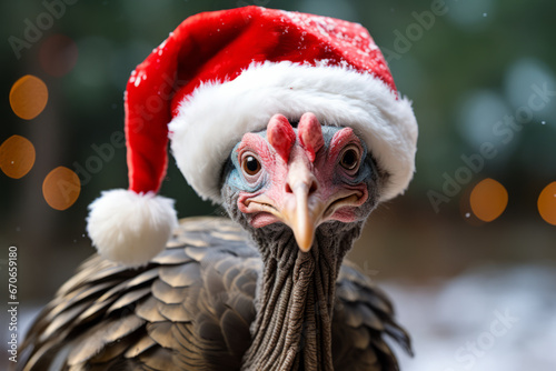 A festive winter turkey wearing a santa hat against a winter landscape