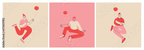 Three cute people blood donors with a blood collection catheter in a vein. Blood, plasma and internal organ donation. Set of vector isolated abstract characters.