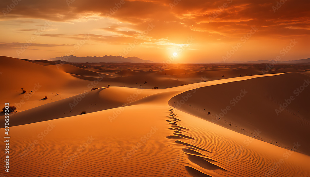breathtaking desert landscape at sunset, with a vast expanse of sand stretching towards distant mountains, illuminated by warm hues of orange and yellow, creating a serene and captivating scene