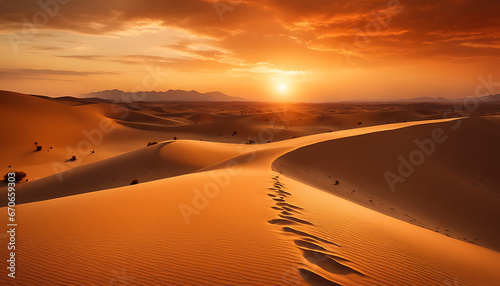 breathtaking desert landscape at sunset  with a vast expanse of sand stretching towards distant mountains  illuminated by warm hues of orange and yellow  creating a serene and captivating scene