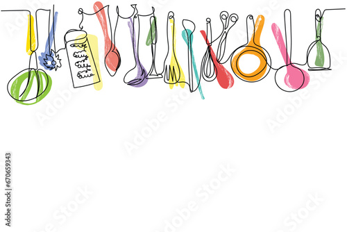 line art of Kitchen utensils and cutlery set. Spoon, Knife, Spatula, forks, plates, bowls, spices jars, saucepan and frying pan vector. Pastel color soft pictures background line art photo