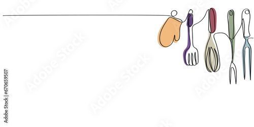 line art of Kitchen utensils and cutlery set. Spoon, Knife, Spatula, forks, plates, bowls, spices jars, saucepan and frying pan vector. Pastel color soft pictures background line art