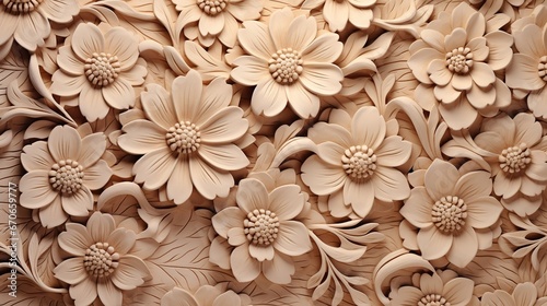 Generative AI, Carving natural wooden flowers, 3d pattern, brown and beige background