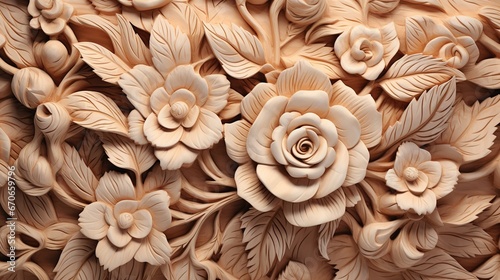 Generative AI, Carving natural wooden flowers, 3d pattern, brown and beige background © DELstudio