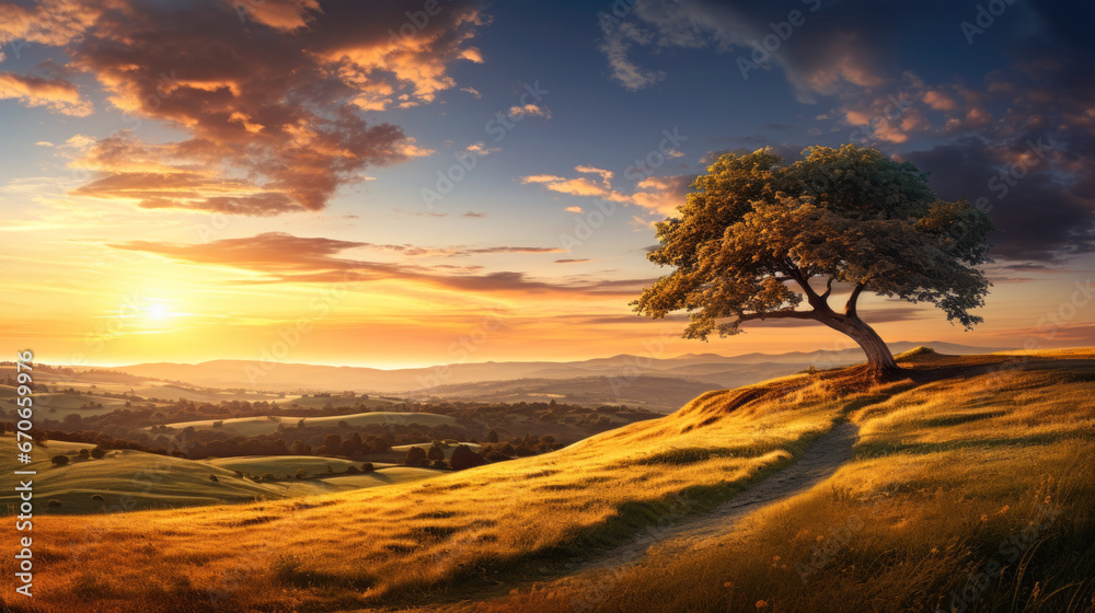 Breathtaking Landscape, Rolling Hills, Sunlit Pathway, Serene Background, Atmospheric Dusk Breathtaking Landscape, Rolling Hills, Sunlit Pathway, Serene Background, Atmospheric Dusk