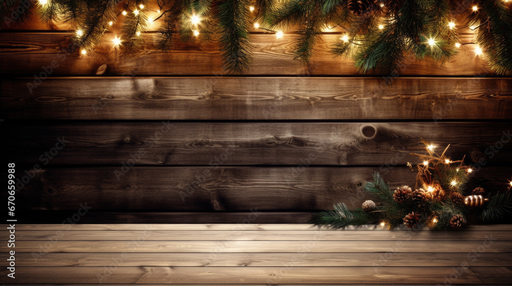 Decorations with Christmas tree branches, baubles and lights on wooden background.