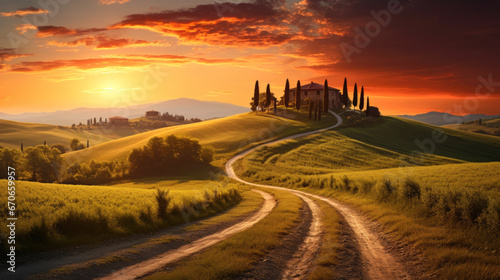 Tuscany Sunset, Rolling Hills, Background, Dirt Road, Villa, Cypresses, Golden Fields