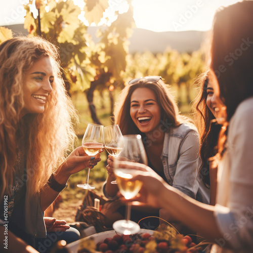 Happy friends having fun outdoor. Group of friends having backyard dinner party together. Young people sitting at bar table toasting wine glasses in vineyards garden 