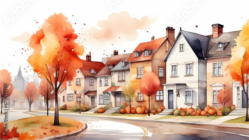 Autumn seasonal vector watercolor background, autumn street suburb district houses vector simple isolated illustration