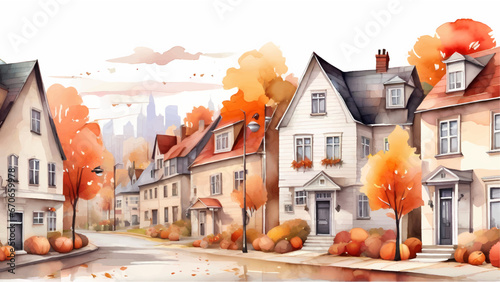 Autumn seasonal vector watercolor background, autumn street suburb district houses vector simple isolated illustration