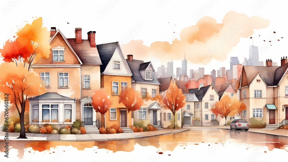 Autumn seasonal vector watercolor background, autumn street suburb district houses vector simple isolated illustration