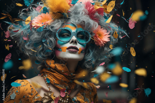 An Elegant Lady Women in Dress in Colorful and Creative Makeup Costume in the Style of Baroque Madness with A Tossing Confetti Petals