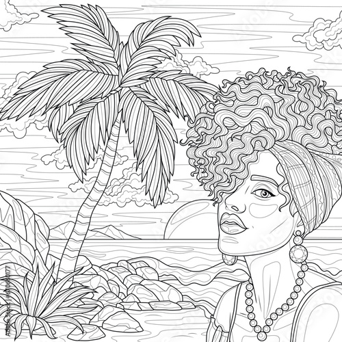 African american woman on the beach near the palm tree.Coloring book antistress for children and adults. 